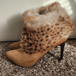 Donald Pliner Suede Leopard Print Rabbit Fur Ankle Boots